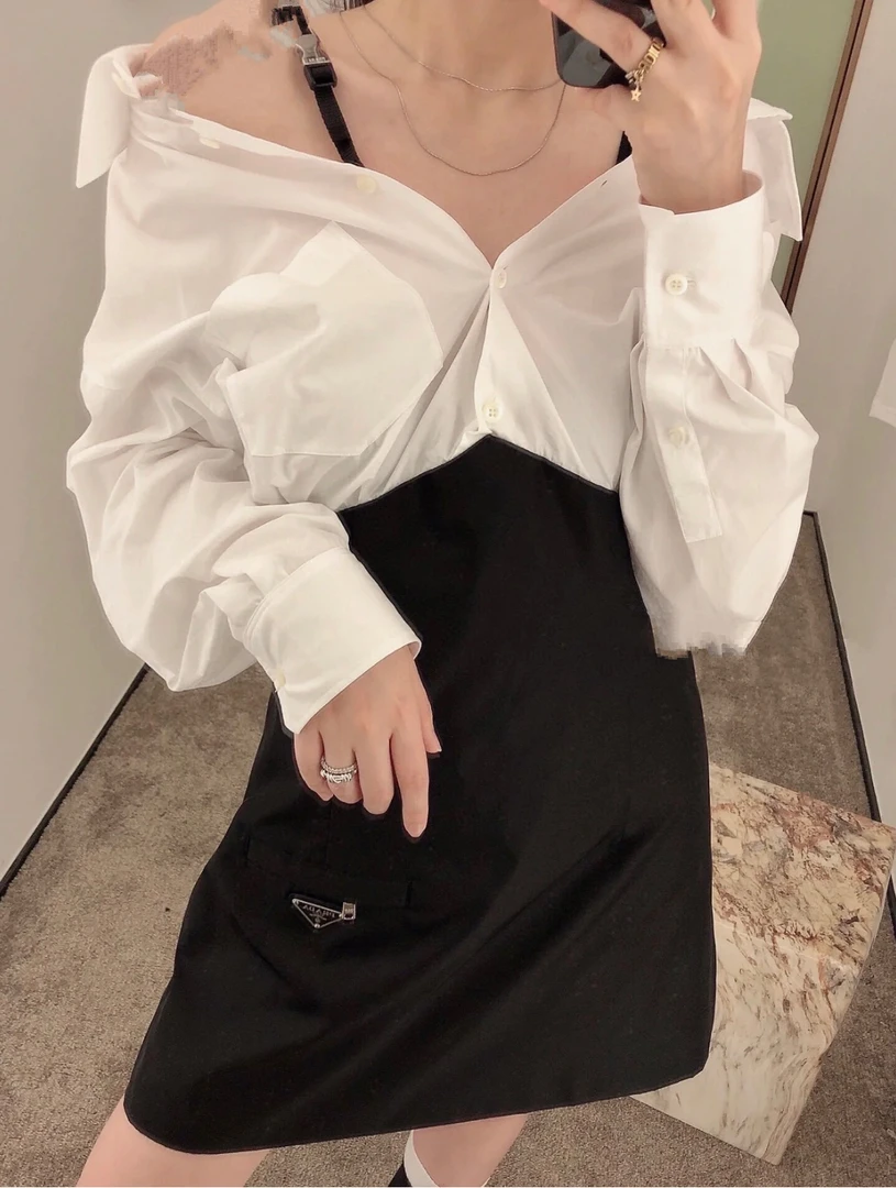 99新 Prada/普拉达  co零一一四 衬衫拼接三角标连衣裙 38码 98新