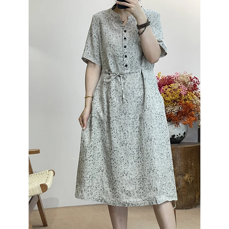 DaoZi/丹丹 时尚短袖系带夏季小碎花法式汉麻连衣裙  360