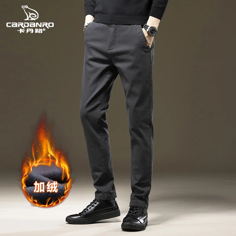 Cardanro/卡丹路男士加绒休闲裤秋冬保暖商务松紧弹力修身直筒裤