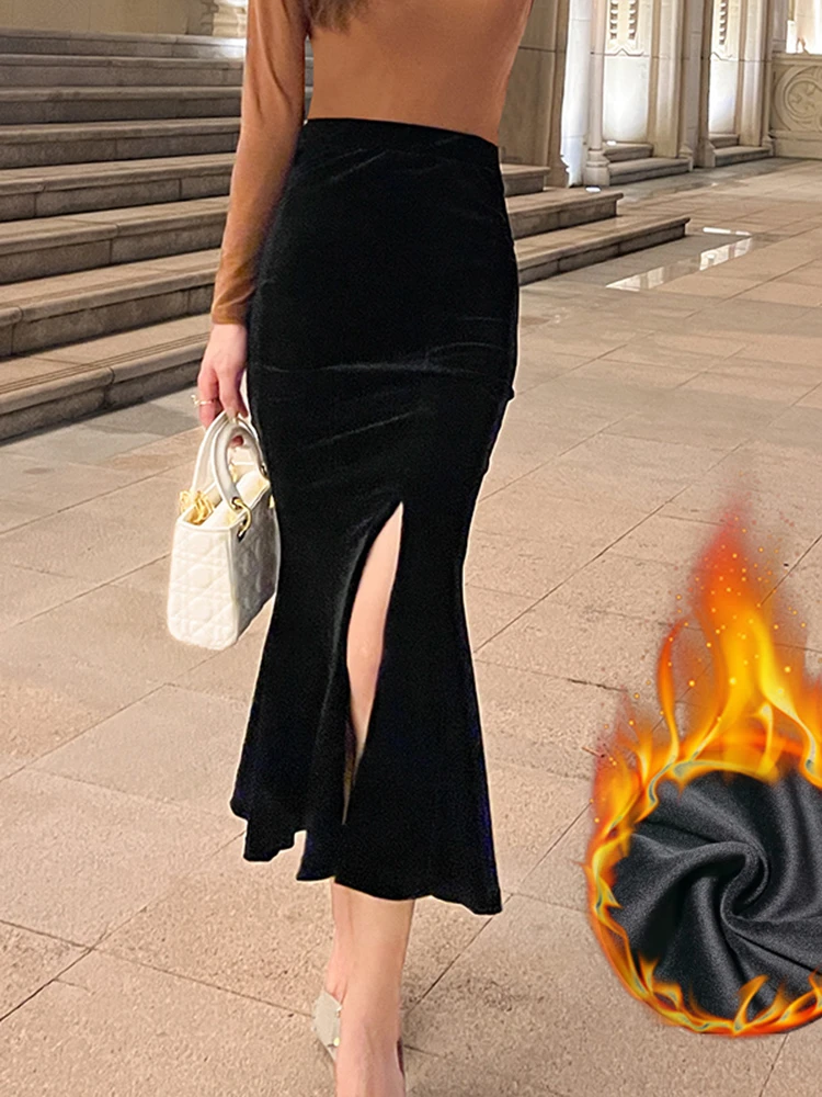 加绒开叉鱼尾半身裙女2025秋冬新款高腰显瘦中长款金丝绒包臀半裙
