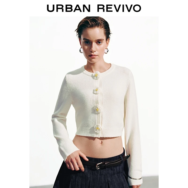 UR2025冬季新款女装休闲立体花朵修身短款针织开衫UYL950162+