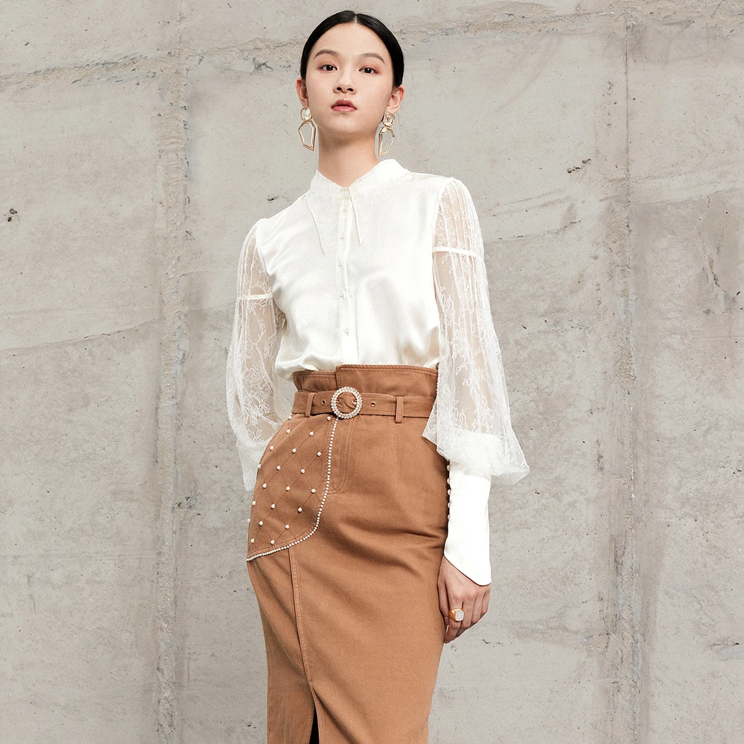 【初依专属】MAXRIENY缎面立领蕾丝镂空拼接袖衬衫长袖女上衣