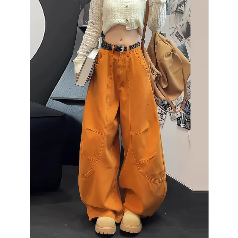 黄色弯刀工装裤女秋季2025新款美式复古高腰宽松显瘦拖地阔腿长裤