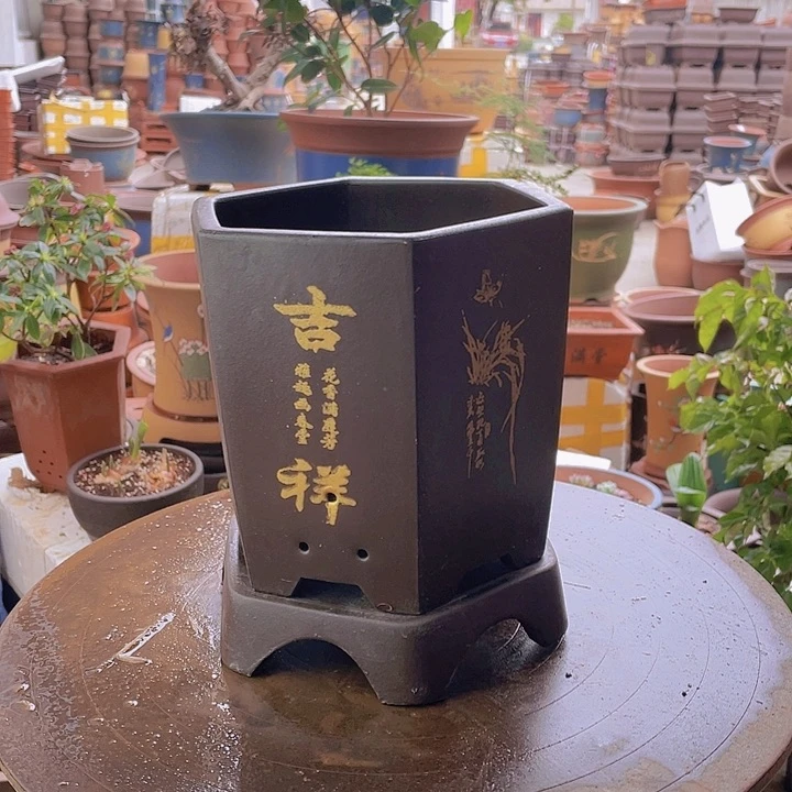 紫砂宜兴紫砂棕如意六方加拖小