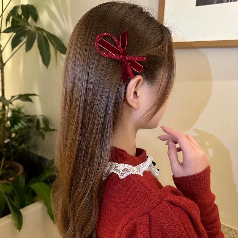 新年红色植绒蝴蝶结发夹女刘海侧边一字夹新款高级感发饰1815