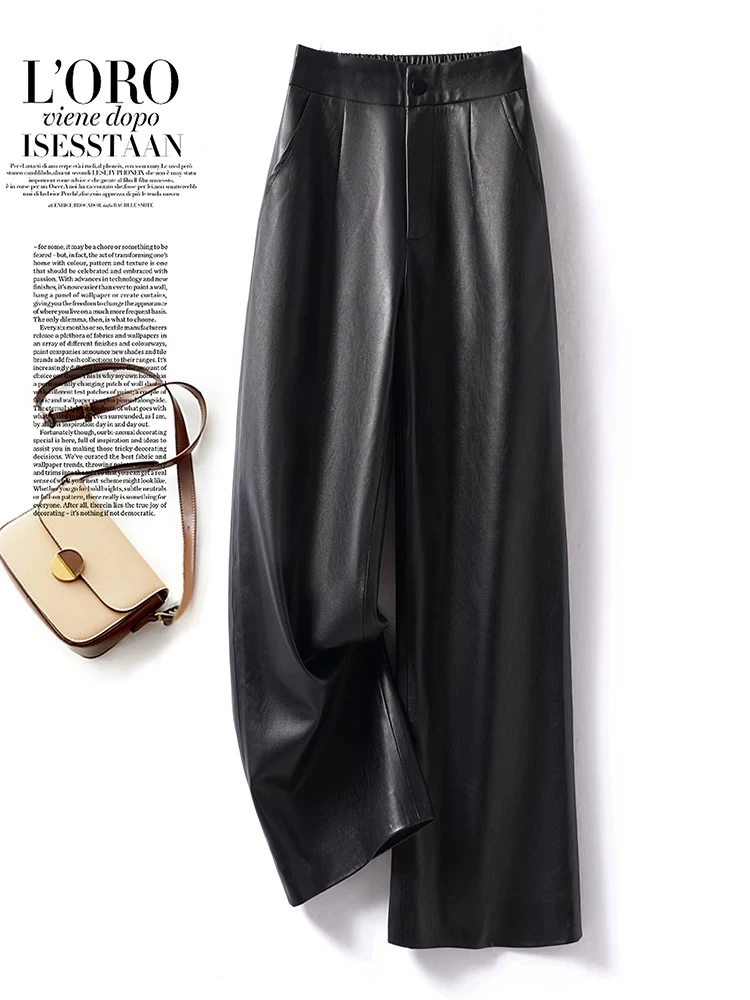 海宁正品皮裤女黑色复古百搭宽松阔腿裤高腰九分裤6009