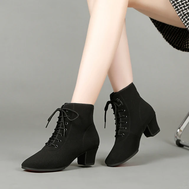 跳舞靴女牛津布水兵舞蹈鞋秋冬高帮爵士中跟粗跟短靴软底广场舞鞋