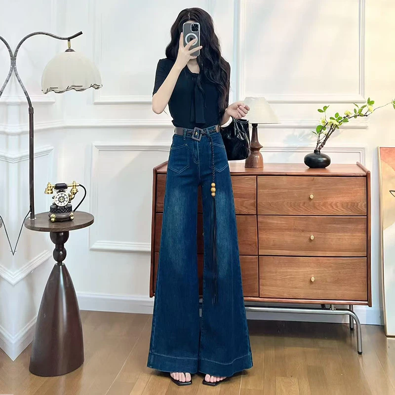 喜绚高级蓝阔腿牛仔裤女2025春秋季潮流宽松辣妹独特气质直筒裤子