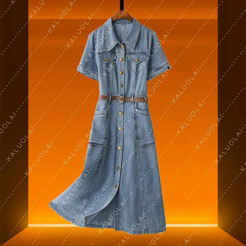 KALUOLAI/卡洛莱港风复古翻领牛仔连衣裙2025年夏季新款显示裙子