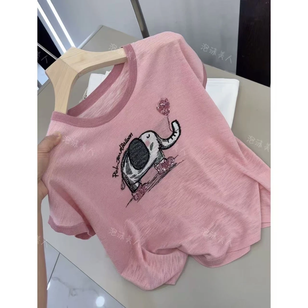 气球小象」卡通减龄！百搭凉感醋酸亚麻短袖针织衫女25夏季新款 58