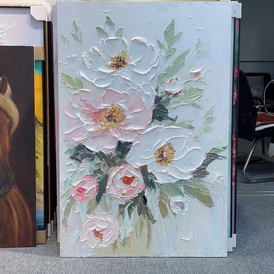 【闪购商品】油画奶油风印象牡丹手绘油画无框画80×120