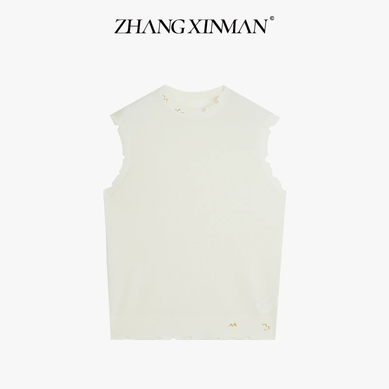 Zxm-【春时】100羊毛丨针织背心不规则毛边软糯无袖内搭上衣-7116