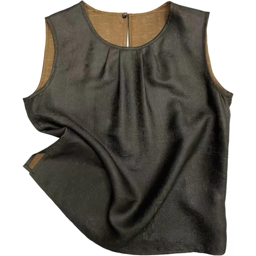 【战国策背心】桑蚕丝香云纱45姆米提花无袖圆领背心