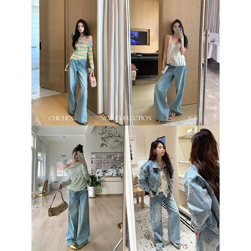 CHICHEN-”小香手工坊“-重工镂空刺绣花朵直筒牛仔裤