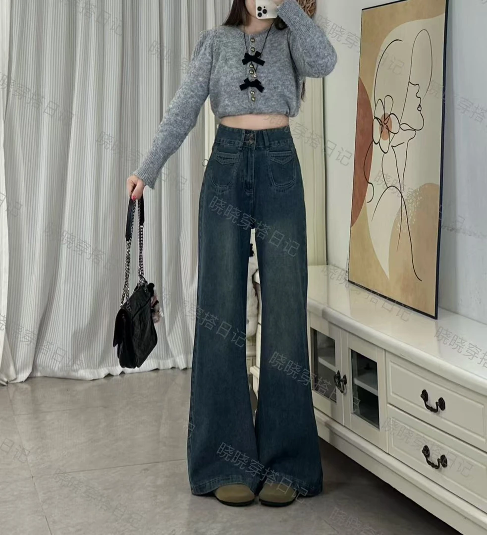 2025早春新款复古深蓝阔腿牛仔裤女宽松百搭高腰显高显瘦拖地裤