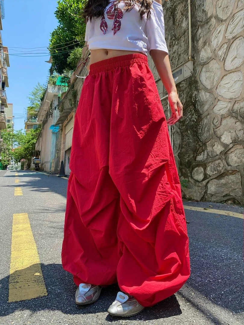 美式hiphop爵士街舞褶皱伞兵裤女夏季薄款休闲宽松百搭阔腿拖地裤
