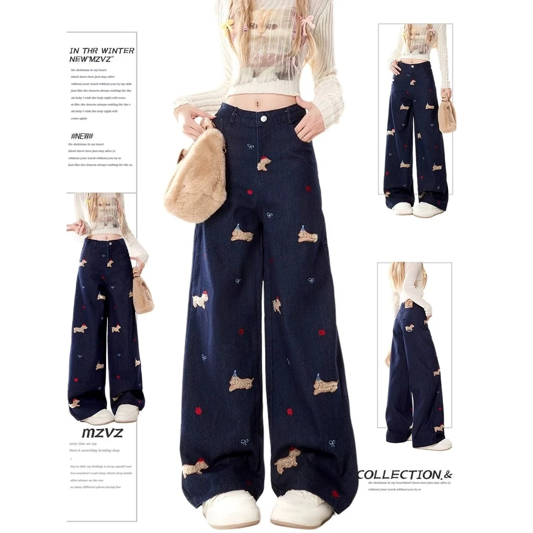 2025复古小狗贴布直筒刺绣阔腿牛仔裤新款夏季美式宽松垂感拖地裤