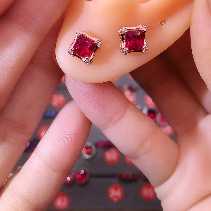 红宝石耳饰银S925镶嵌