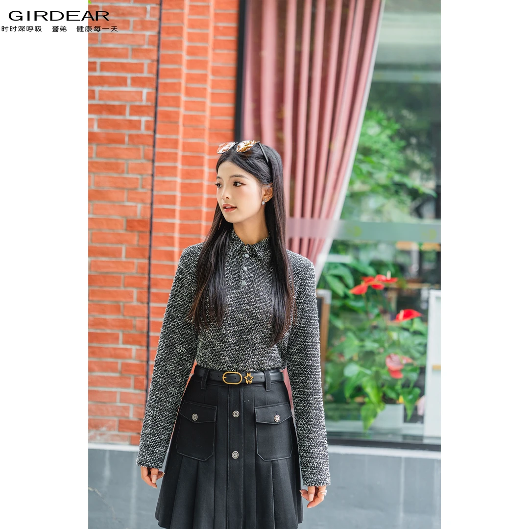 GIRDEAR/哥弟早秋新款时尚百搭休闲风复古Polo领套头卫衣女130105