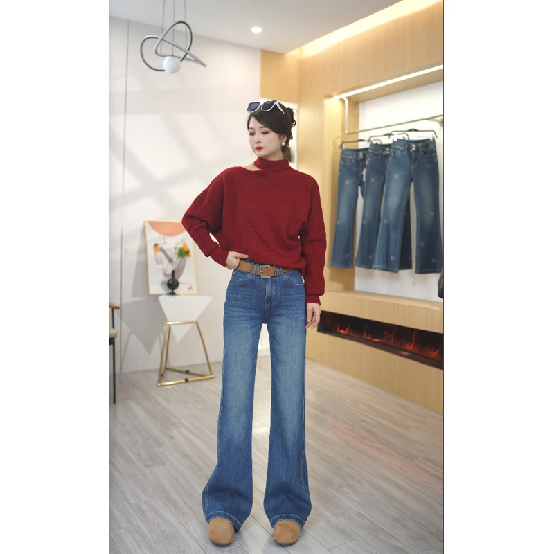 【宝莲】高腰牛仔裤女2025年冬季新款筒喇裤弹力显瘦百搭