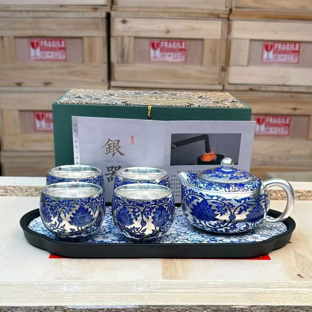 ZH4092-缠枝莲西施壶+缠枝莲小蛋杯+珐琅彩万花吸水茶盘中号+礼盒