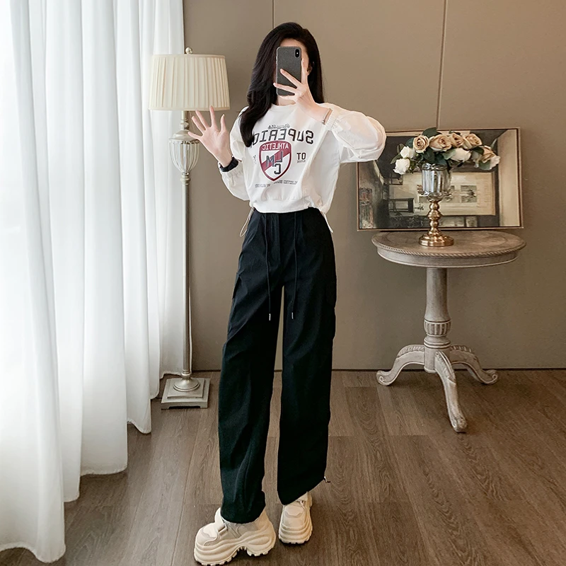 秋季新款多巴胺套装女韩版洋气气质长袖小个子黑色工装裤两件套