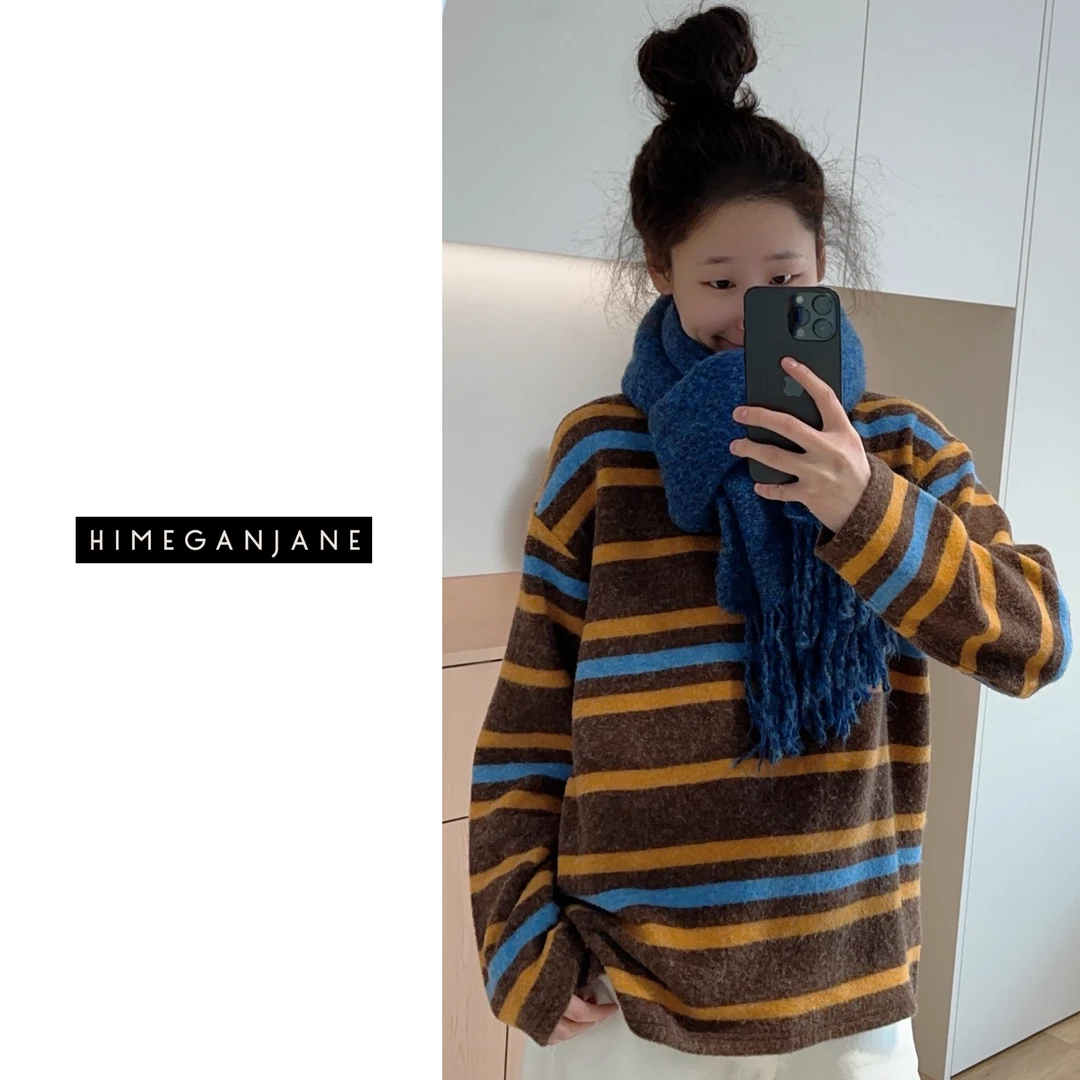 HIMEGANJANE“超美毛绒条纹” 韩系撞色氛围感慵懒条纹上衣绒衫155
