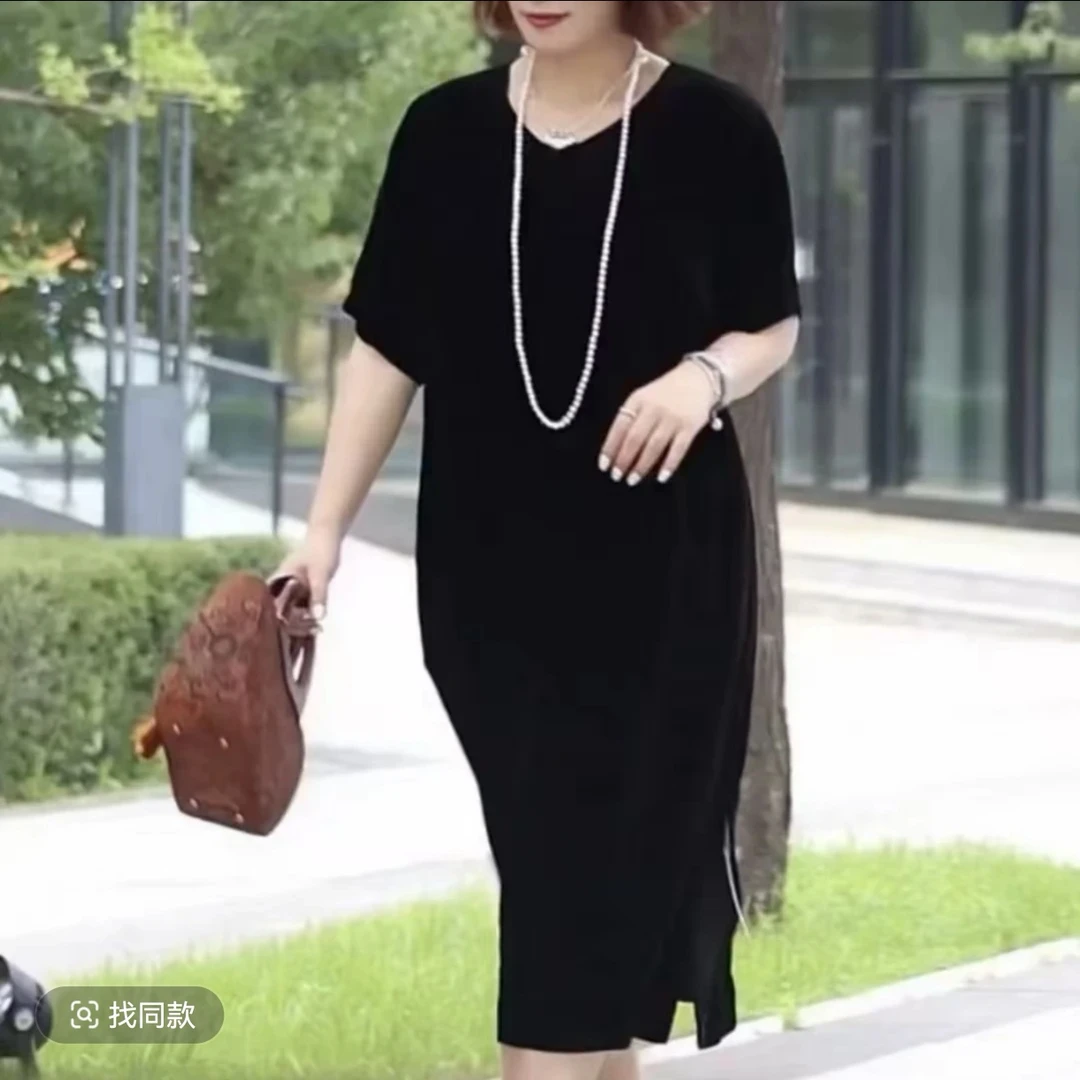 洋气百搭蚕丝植绒V领侧开叉连衣长裙尽显气质