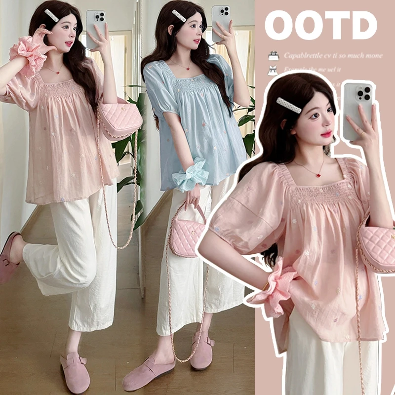 孕妇上衣夏季2025新款韩版时尚宽松显瘦绣花方领娃娃衫女孕妇夏装