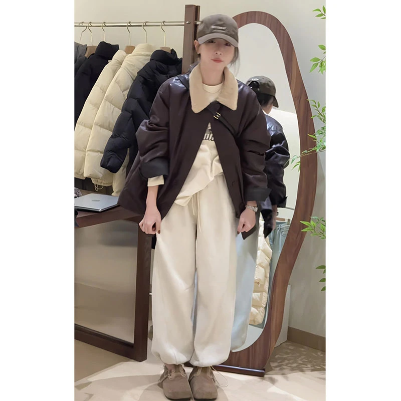 韩版复古羊羔绒翻领夹克单排扣工装PU皮衣宽松中长款加厚棉外套女
