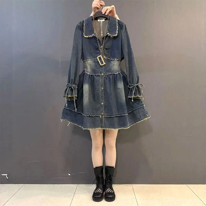 大码女装时尚休闲洋气牛仔连衣裙2025春秋新款遮肉显瘦胖mm裙子