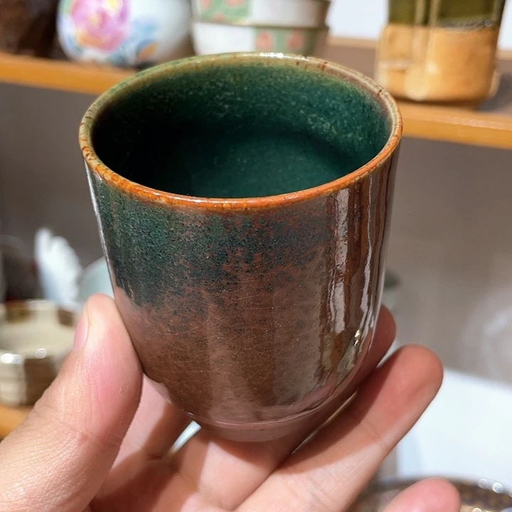 紫砂第105号，全新月字款内里满孔雀绿釉陶杯
