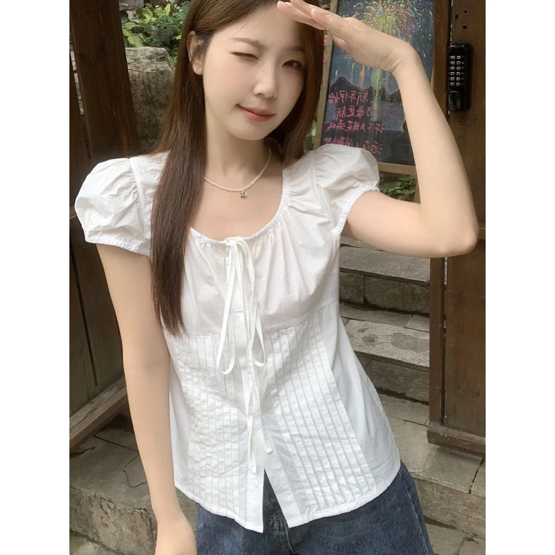 白色泡泡袖衬衫女夏季2025新款小个子短袖衬衣宽松显瘦系带上衣服