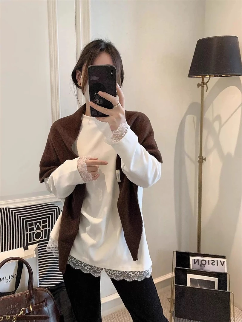 蕾丝拼接T恤女2025春秋季新款时尚中长款打底衫德绒上衣长袖内搭
