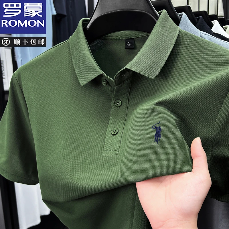 罗蒙夏季新款男士休闲翻领短袖POLO衫纯色简约时尚刺绣小马标T恤