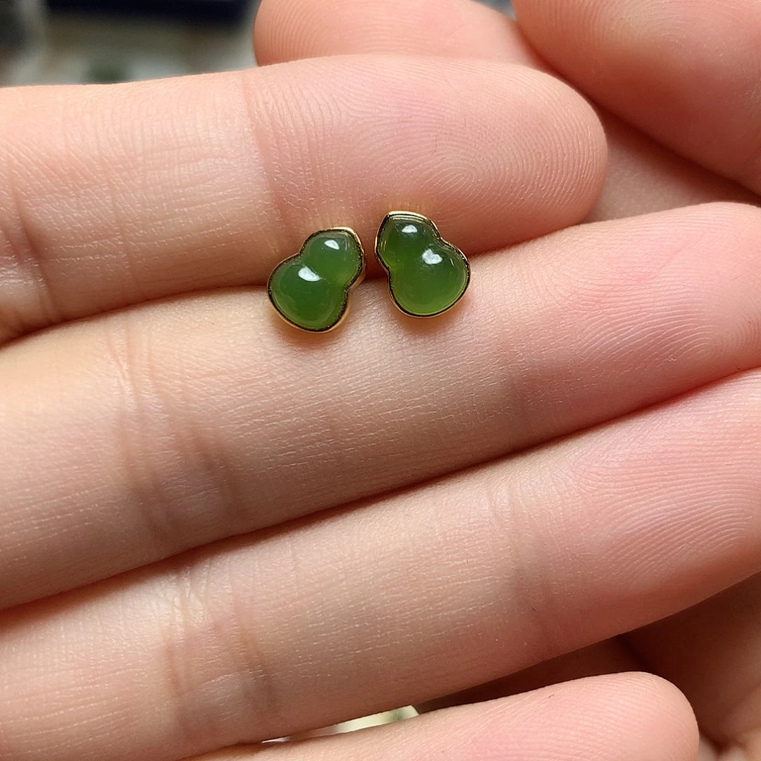 银S925镀金镶嵌和田玉（碧玉）耳饰