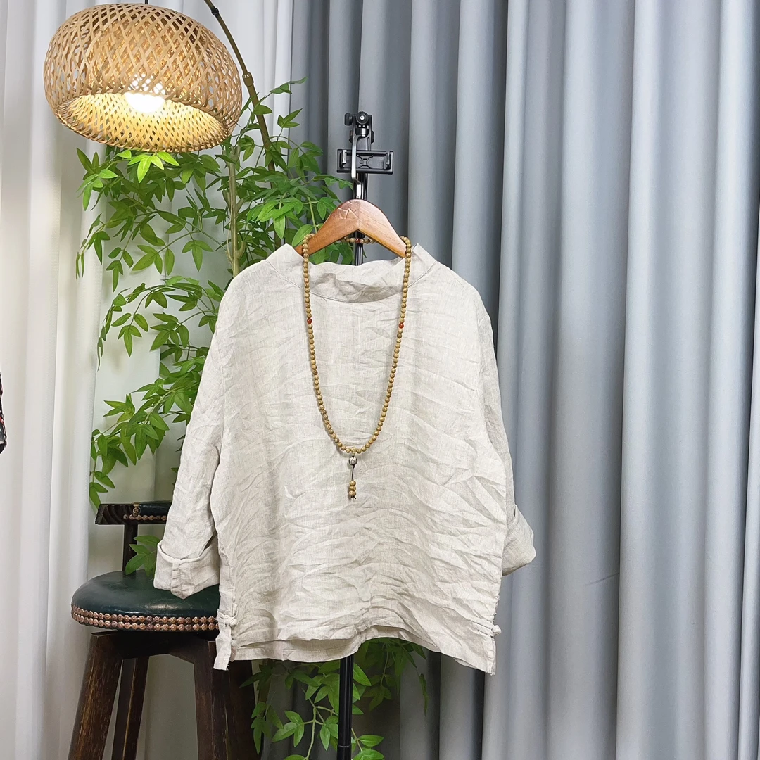 亚亚【推荐经典复古随性亚麻文艺圆领衫】衣长58
