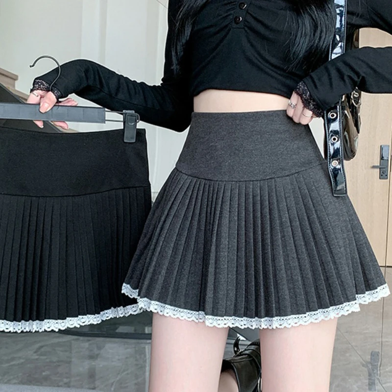 设计感蕾丝花边拼接加厚毛呢半身裙女秋冬灰色百褶裙防走光短裙裤