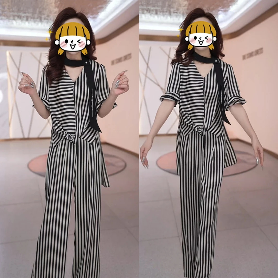 2025夏季新款条纹短袖T恤直筒裤洋气休闲套装时尚大码女装两件套