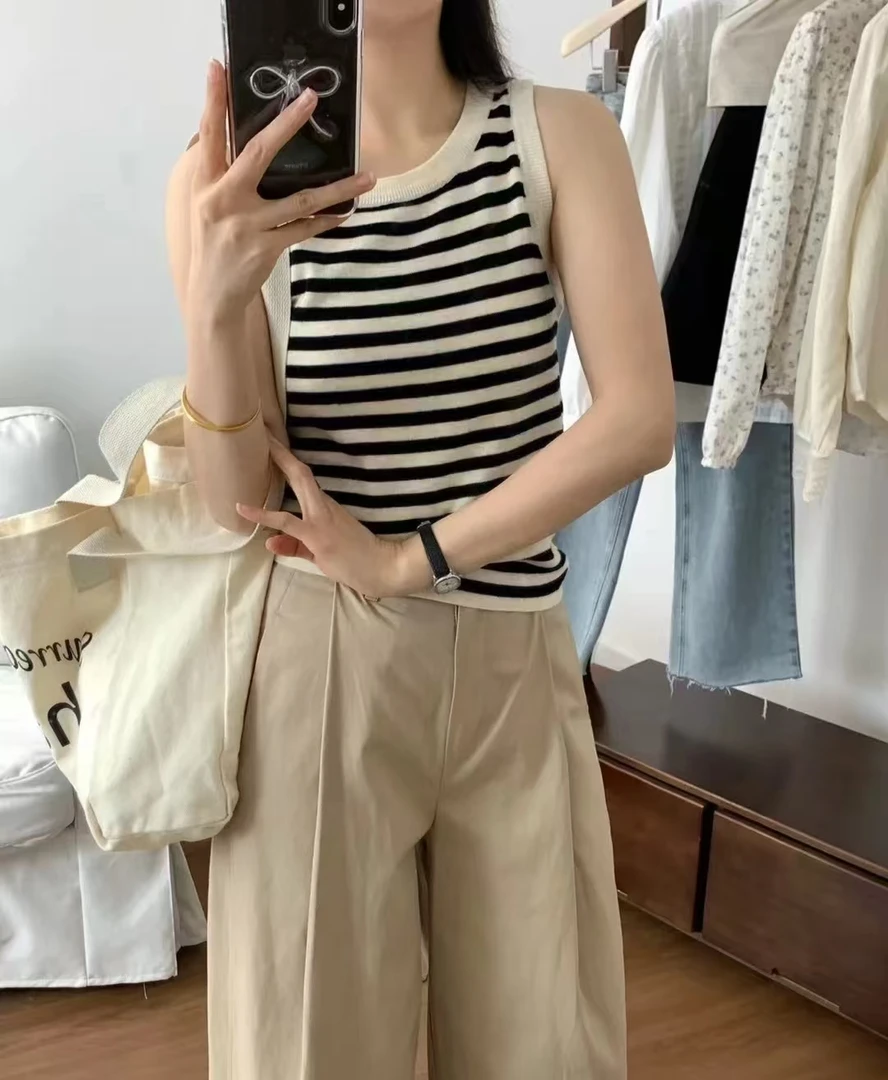 针织吊带女秋季内搭打底宽肩带遮副乳无袖上衣背心条纹(含9%羊毛)