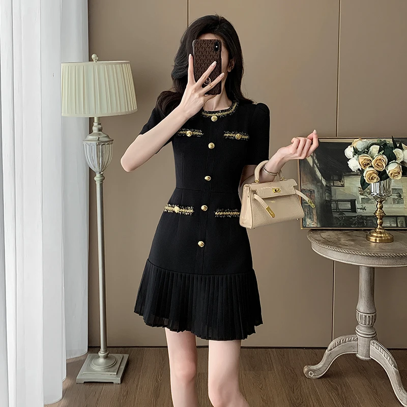 夏季时尚小个子气质轻奢御姐风小香风连衣裙女洋气收腰显瘦百褶裙