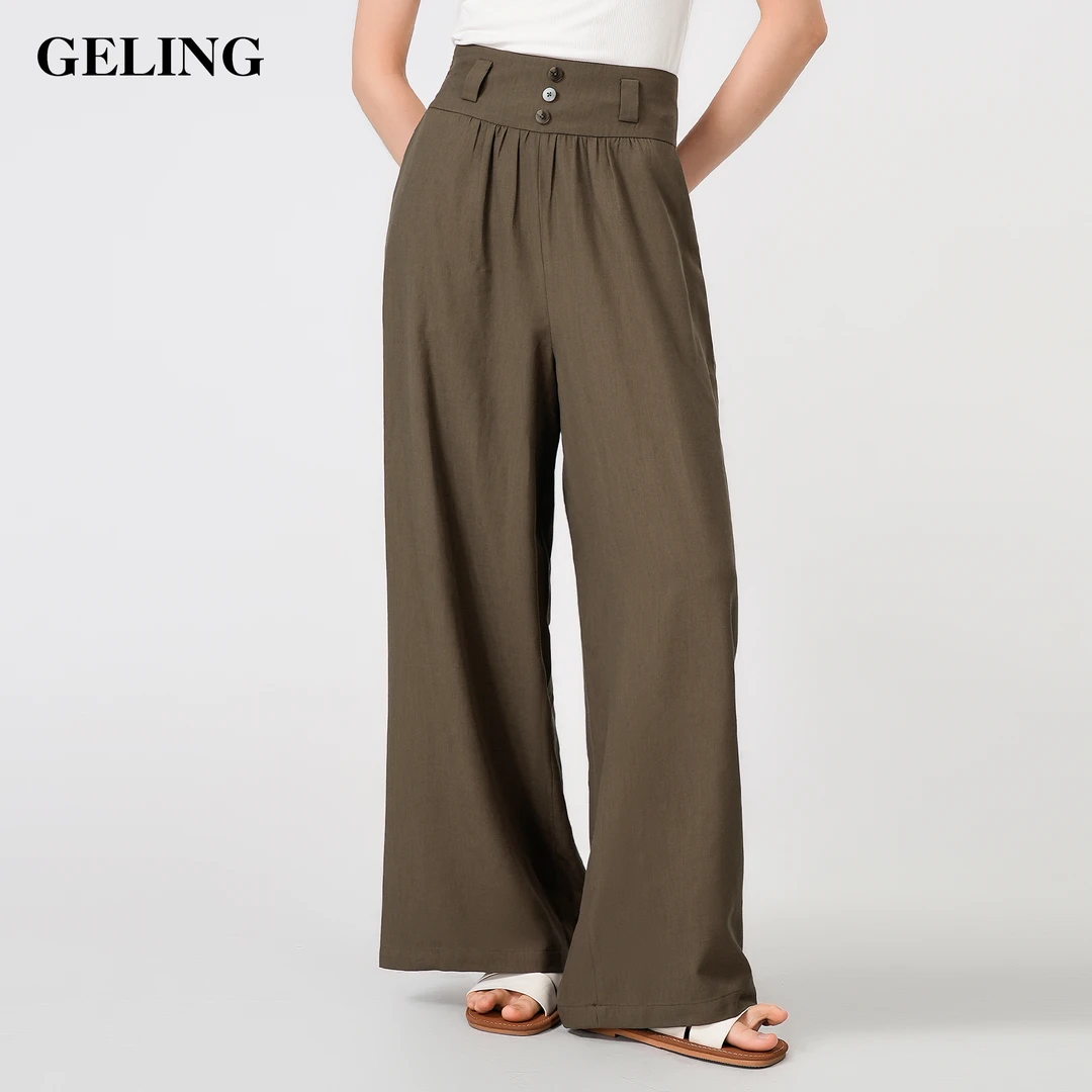 GELING/歌&玲2025新款夏季抽褶松紧宽腰头直筒裤G512X117K阔腿裤