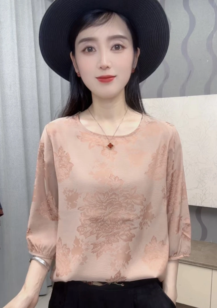 [柔美典雅]新款圆领宽松洋气复古时尚气质百搭显瘦小衫短袖