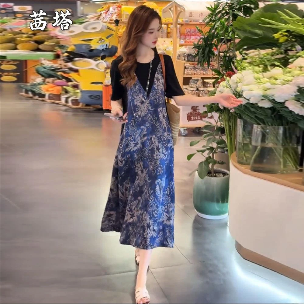设计感假两件时尚连衣裙女2025年夏季新款宽松中长款遮肚气质裙子