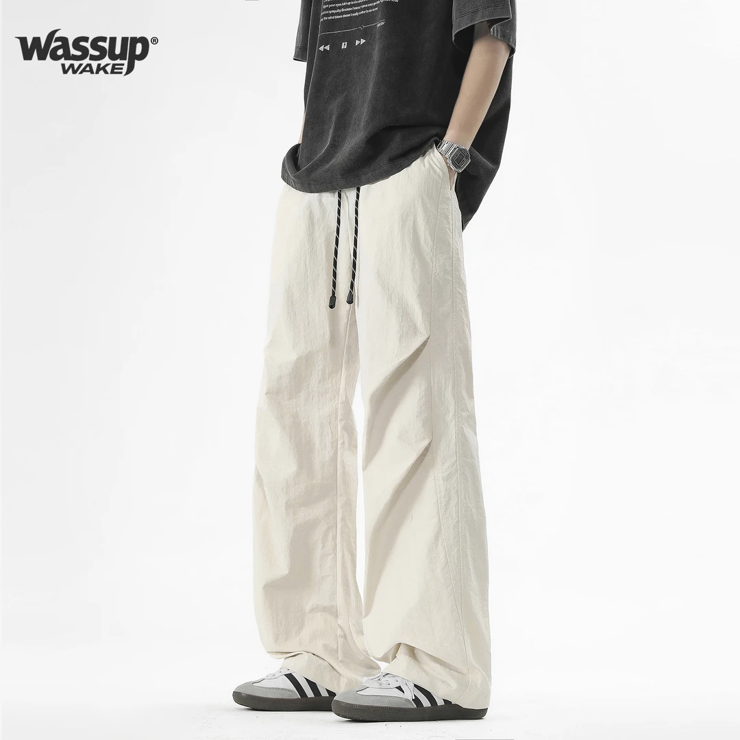 WASSUP WAKE褶皱伞兵裤子男夏季薄款潮流宽松直筒阔腿裤男休闲裤