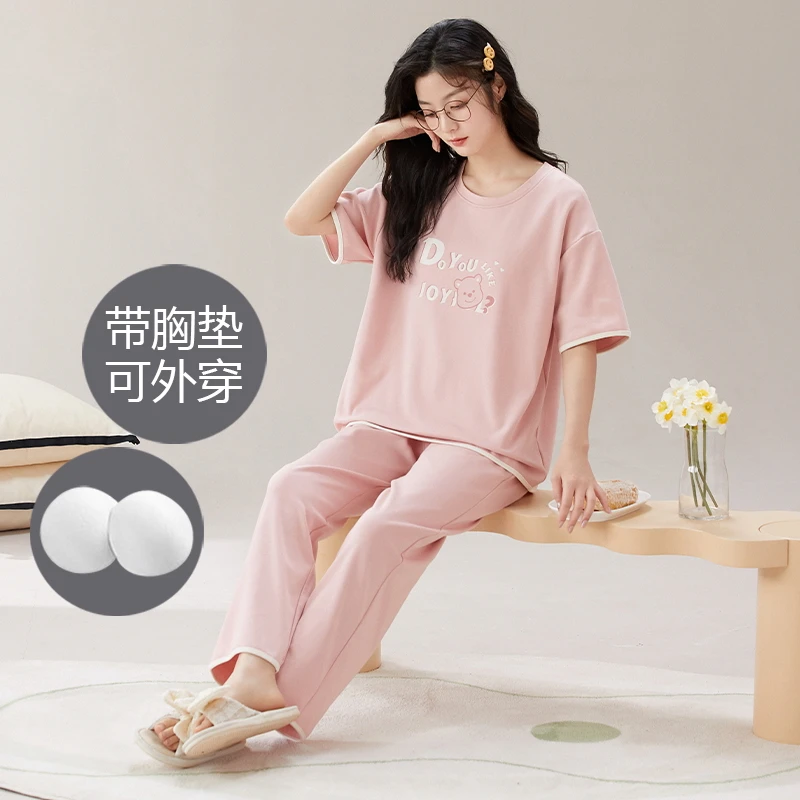 睡衣女夏季2025年新款棉质短袖长裤薄款卡通夏天家居服套装女款