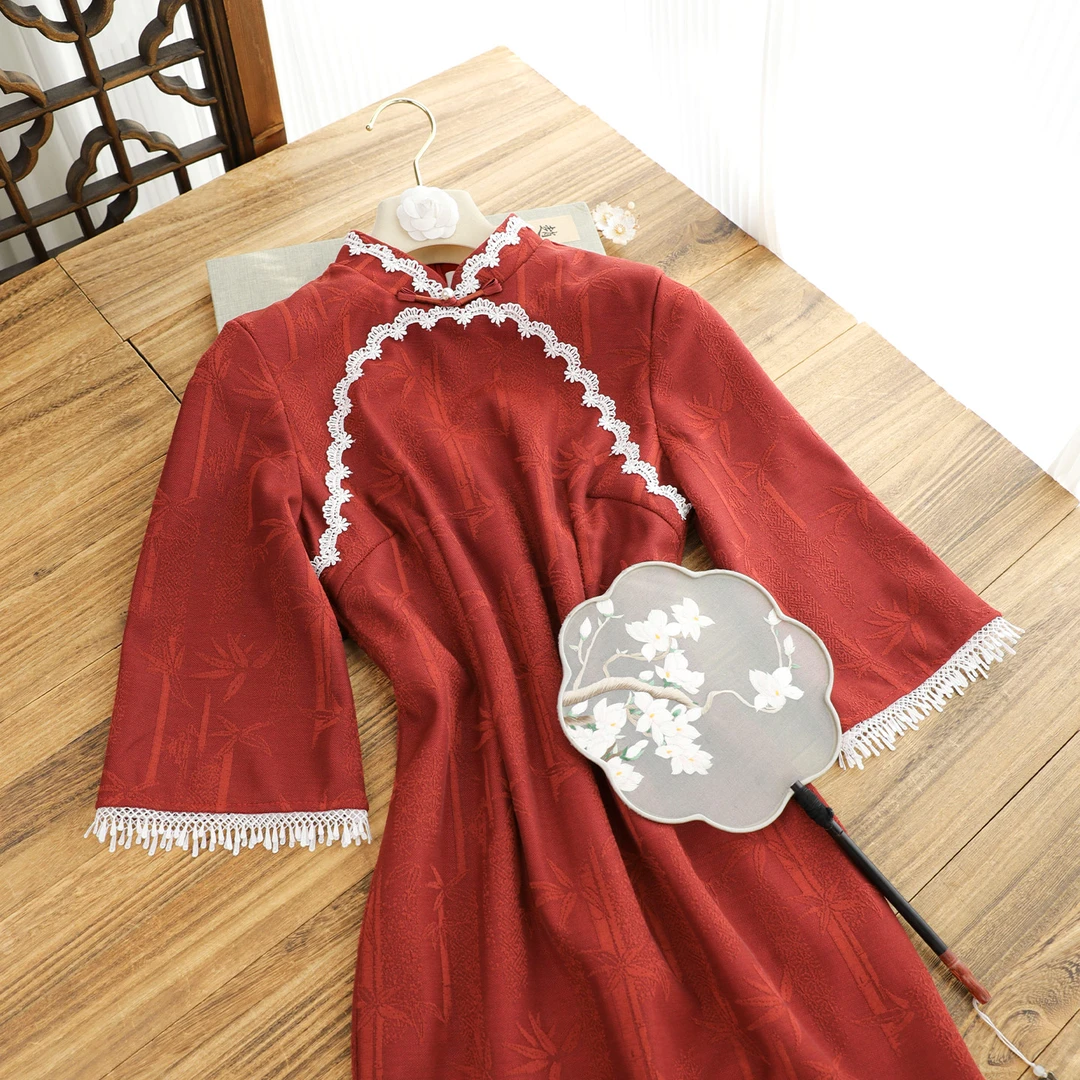 俏娘鱼红色素雅新中式改良倒大袖旗袍女2025秋新款日常可穿年轻款