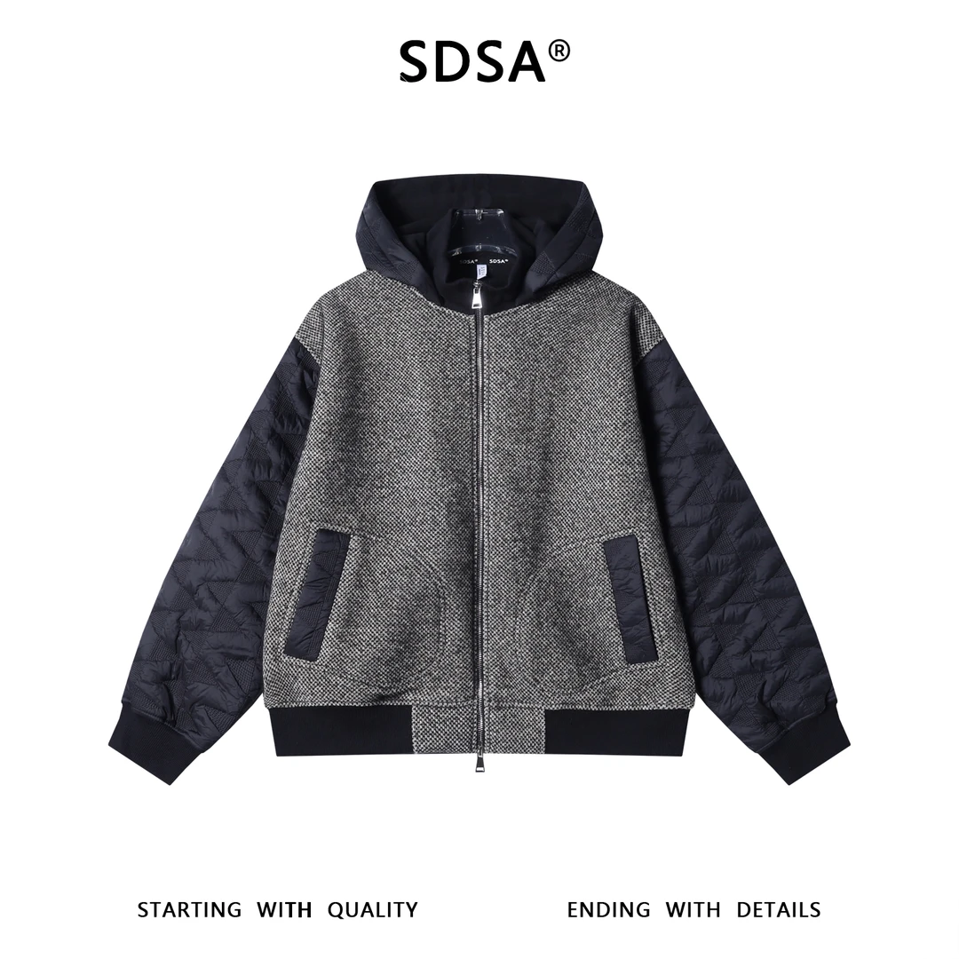 SDSA男士秋冬新款痞帅男装韩版简约撞色拉链立领连帽卫衣外套百搭