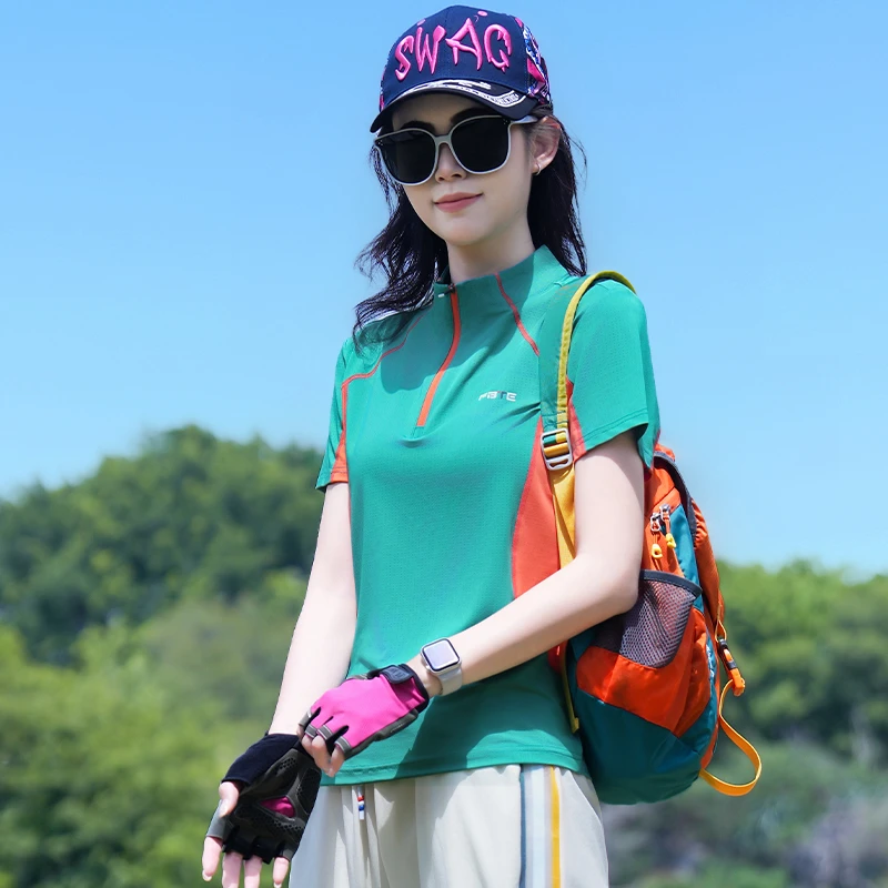 2025夏季新款冰丝速干衣短袖女士立领弹力透气拼色显瘦跑步休闲服