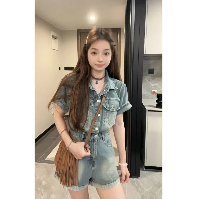 【想想Wywh】复古牛仔短袖女夏季气质水洗宽松连体裤连衣裙0040